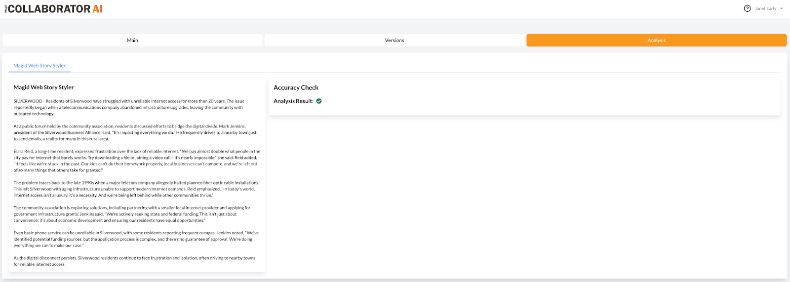 homepage of Collaborator dashboard, showing AI hallucination detector for newsrooms