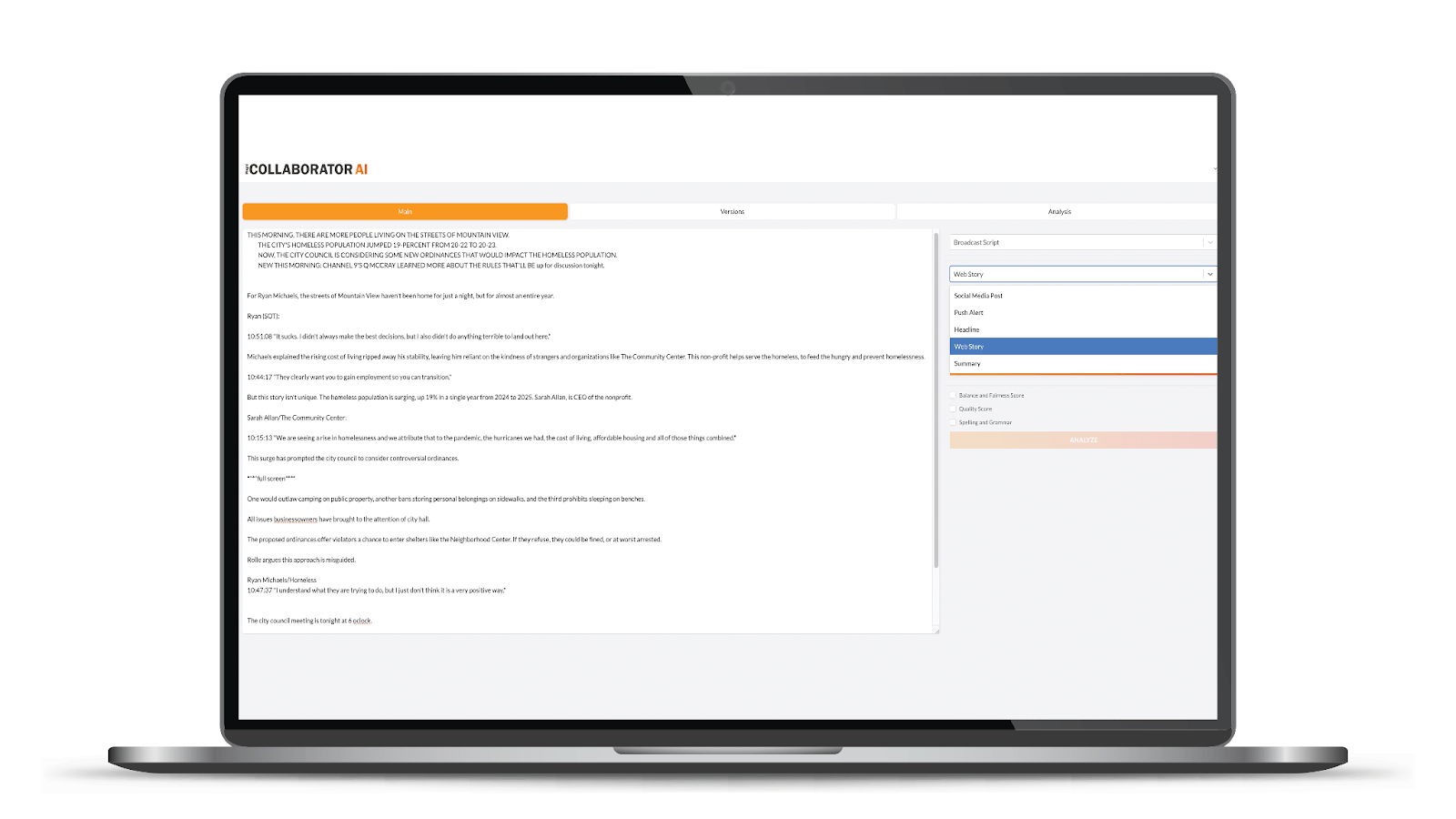 Collaborator dashboard, showing AI hallucination detector for newsrooms