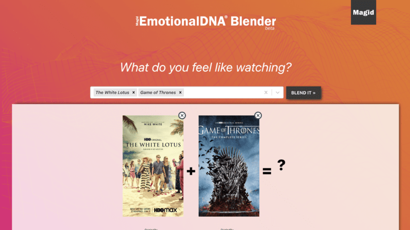The image shows The White Lotus and Game of Throne show posters on the EmotionalDNA Blender webapp.