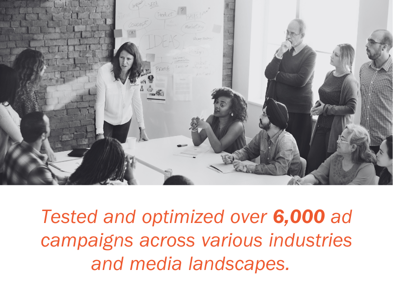 Advertising team graphic - 'Tested and optimized over 6,000 ad campaigns across various industries and media landscapes.'